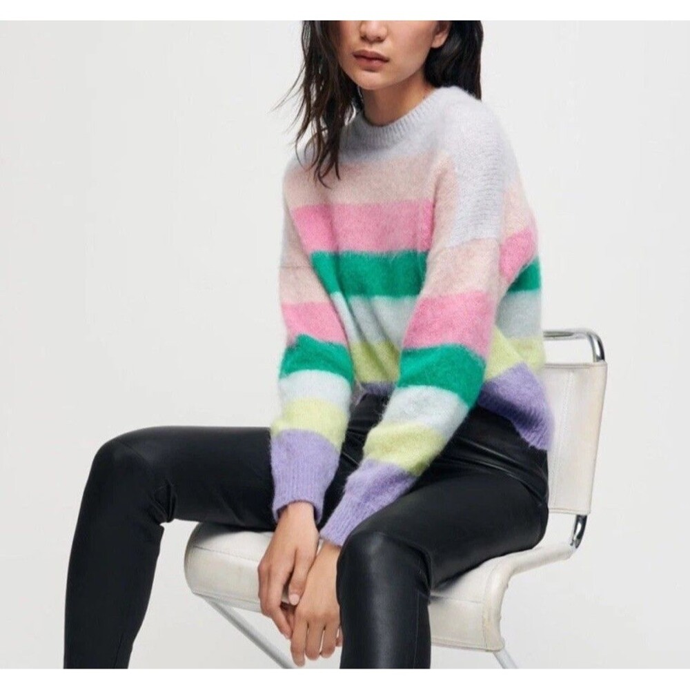 EUC MAJE Mohair Wool Blend Pastel Striped Sweater Sz 1 Small